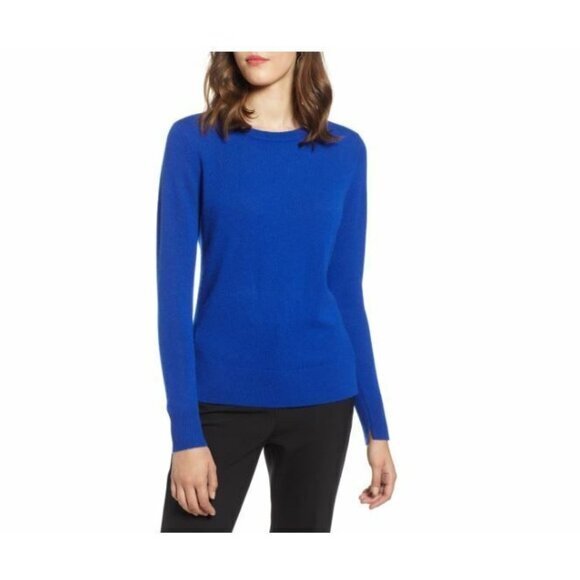 Halogen Crewneck Cashmere Sweater Lightweight Side Slits Blue Mazarine NWT - Picture 1 of 5